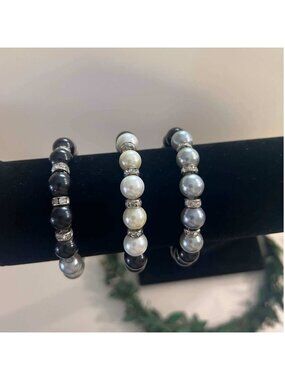 Victorian Goth Dark Romantic Bracelets Black White Silver Rhinestone Accents 7in